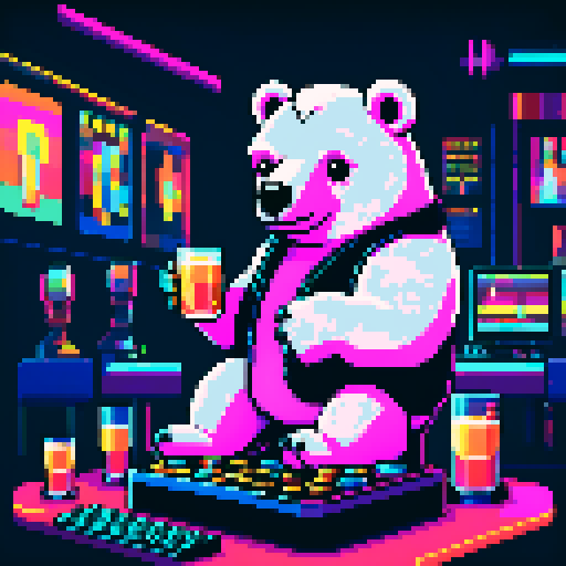 "An 8-bit pixel art of a polar bear in a vibrant nightclub, surrounded by flashing neon lights and a pulsating dance floor. The bear, wearing gold chains, sunglasses, and a snapback, holds a glowing drink in one paw while stacks of crypto coins and a tablet with trading charts sit on a VIP table nearby. The background features a DJ booth, laser lights, and a lively crowd, blending the high-energy club atmosphere with a flashy crypto mogul vibe."