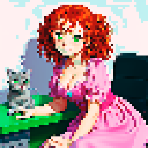 cute, curly redhead with green eyes, smiling, cleavage, pink and blue dress, sitting at gaming desk with grey cat, pixel art, sRGB