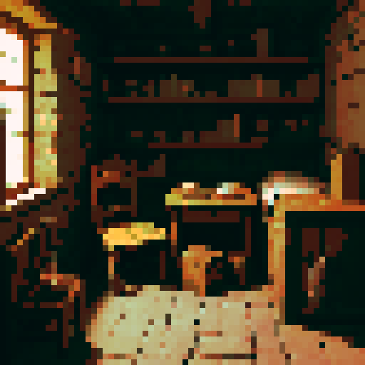The pixel art painting depicts a small medieval room in a dilapidated state. The walls and floors are built of brick and stone, covered with moss and cracked over time. The hole in the roof allows warm yellow light to shine in, creating a highlight for the room.

Inside the simple room there are only a few pieces of furniture: a simple wooden bed, a small bookcase with a few old books, and a rustic wooden table with a chair. The knight's hat and cloak were placed on the chair, sparkling in the g