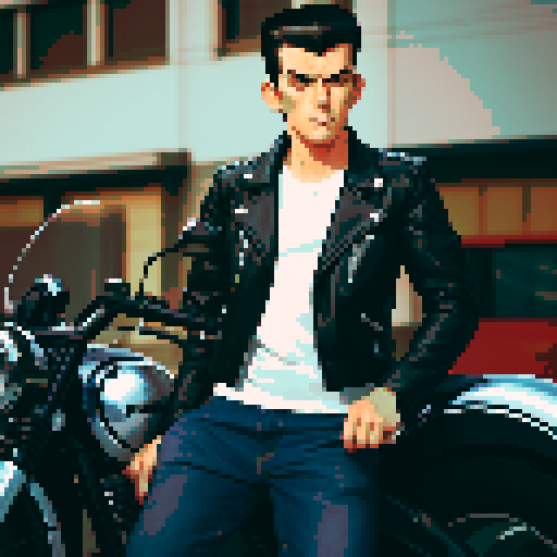 Tough Greaser man wearing motorcycle jacket with pompadour hairstyle, portrait, face avatar, sRGB colors.