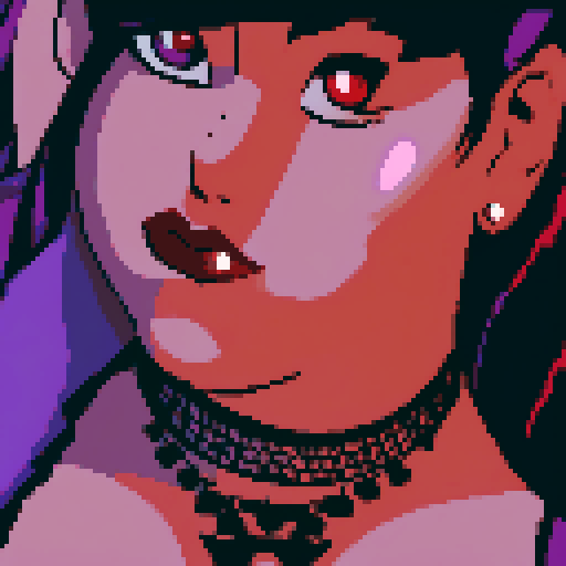 Plus size curvy, cute, busty greaser goth girl, with purple hair, black eyeshadow, red lipstick. Large breasts. Wearing studded collar. Posing for sexy glamour shot. whole head portrait, avatar photo. vibrant sRGB colors, pixel art, edgy aesthetic