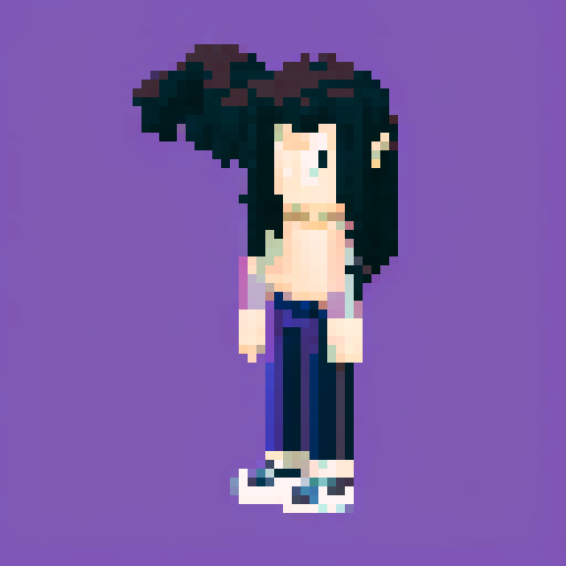 Buff white man, arms crossed, long black hair, purple aura, purple eyes, wearing only black baggy pants, pixel art