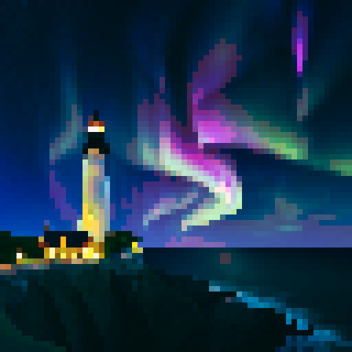 ocean, aurora, stars, lighthouse on the right