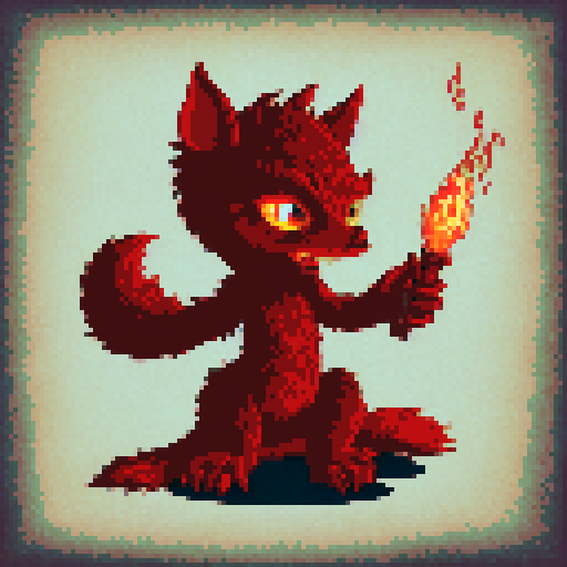 A fire imp. furry and gremlin-like. grey background.