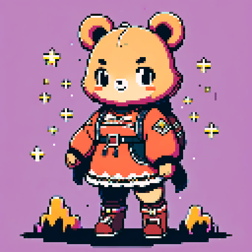 A graphic depiction of a chubby puffy bear in retro 1995 anime style, chibi form, pixel art, half body, ellipse head,with black puppet eyes and brown fur, styled with long twin pigtails. Wearing magical clothes with intricate belts and patches. Background of a wild magic night with a dark waterfall and bright stars. Created Using: classic anime aesthetics, detailed magical garments, enchanting night setting, vivid portrayal, star reflections, dynamic composition, hd quality --ar 2:3 --v 6.0 niji