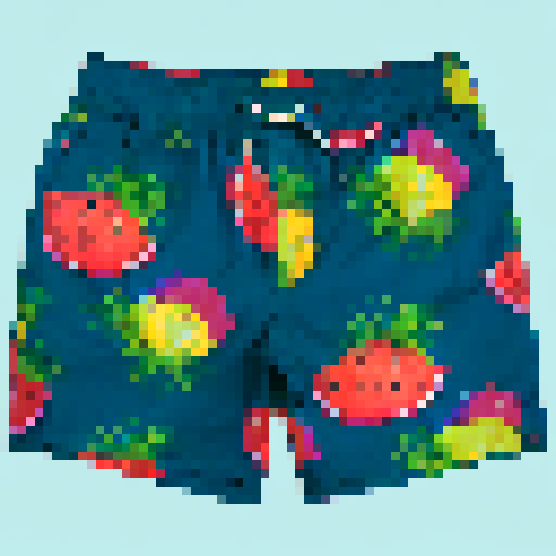 Vibrant, tropical, and playful
    
    Watermelon and pineapple patterns adorn swim shorts for men, bursting with juicy colors and playful shapes, evoking a tropical paradise.