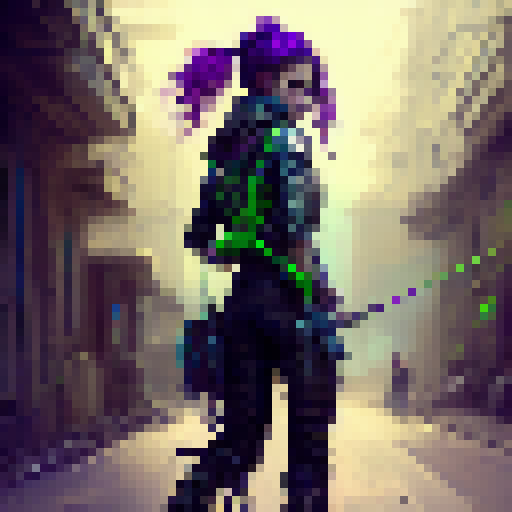 Girl in punk attire, with colorful hair and tattoos, stands in an abandoned urban alleyway, holding a sleek and deadly black gun or a wooden bow and arrow with neon green accents, ready to defend herself against any imminent threat, with a gritty and edgy art style.