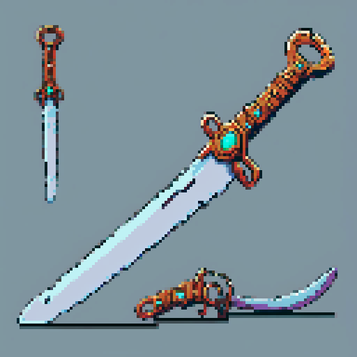 I want the blade of an ancient magical chainsaw constructed out of copper and gems. It should look huge (10 meters long at least), very complex and expensive, and very old. I also want this object usable an asset in a videogame, meaning only one object per image, outlined with a strong black stroke, on a solid-color background.
