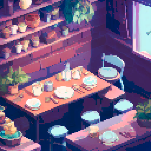 busy city cafe interior, winter cold, crowded tables, steaming cups, baristas brewing coffee, pixel art, sRGB