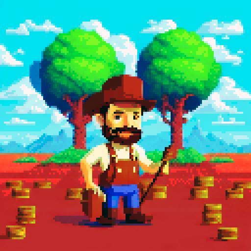A jovial farmer, adorned in opulent attire, stands amidst sacks of money, pixelated backdrop of rolling hills and azure skies in vibrant sRGB hues

