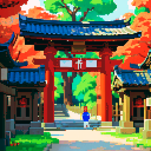 use reference image, shrine gate, raging inferno, pixel art