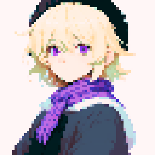 Male, light purple eyes, pale skin, blonde hair, sprite, black winter clothes, fur collar, short messy hair, looking at viewer, small smile, solo male, low details, uncropped, ushanka, dialog sprite, fantasy clothes, bangs, medium hair, tired eyes, purple scarf, thick lines, pixel art, sRGB