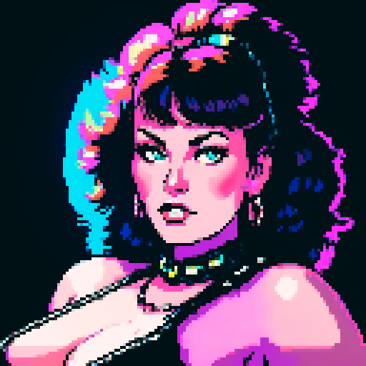 curvy, busty 1980s rocker babe with studded collar. Portrait of head, in a close up glamour shot. Wearing Halter top. Neon lighting, modern tile backsplash
