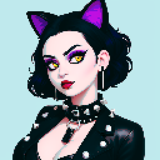 curvy, cute busty greaser goth girl's face, goth cat girl, whole head portrait, black hair, purple eyeshadow, red lipstick, low cut black studded leather halter top, studded collar, game avatar portrait, vibrant sRGB colors