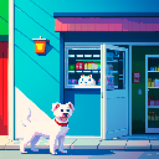 Wide-eyed white dog in a small convenience store