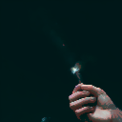 Hand holding a short incense, stick, smoke