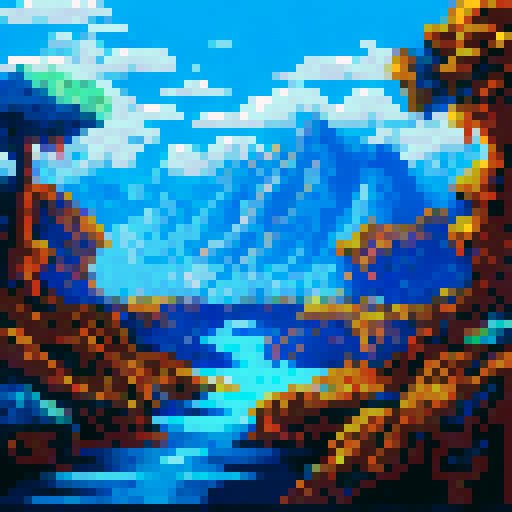 paper scroll, aged and weathered, unfurled and revealing an ancient map, intricately drawn with faded ink and delicate calligraphy, depicting a mythical landscape of towering mountains, lush forests, and winding rivers, all rendered in vibrant pixel art with a rich sRGB color palette, against a backdrop of a golden sunset casting a warm glow over the picturesque scene