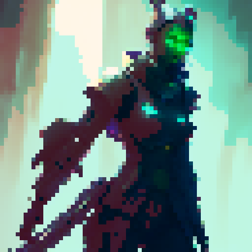 female warrior, light saber, tall robot, lasers from eyes, woods, monsters, innocent people, fantasy RPG