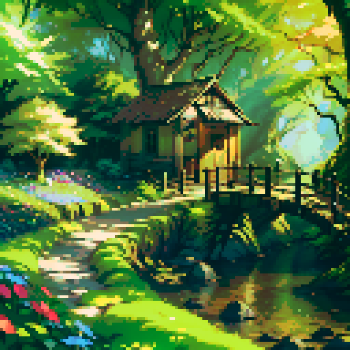 forest, small hut, moss-covered stones, towering trees, dappled sunlight, winding path, rustic wooden sign, lush foliage, vibrant flowers, trickling stream, quaint bridge, gentle breeze, golden hour, soft shadows, distant mountains