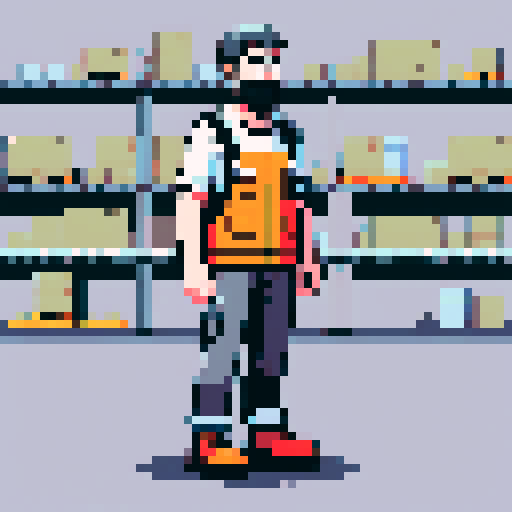 young, bearded, male warehouse worker, Amazon Germany, pixel art