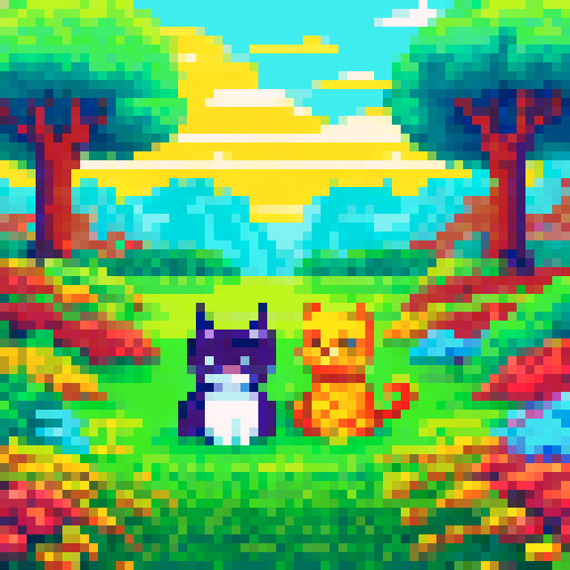 cute cats, sitting in the grass, surrounded by vibrant flowers, with a pixel art style, set against a scenic sRGB background, creating a picturesque landscape