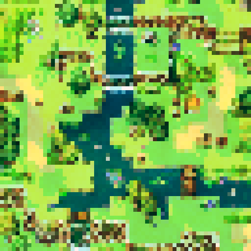 lush green foliage, towering trees with twisting branches, a winding path leading through the forest, vibrant wildflowers scattered along the trail, moss-covered rocks peeking out, a small wooden hut nestled among the trees, a cozy chimney releasing a wisp of smoke, a welcoming front porch adorned with potted plants, a babbling brook nearby, a wooden bridge crossing over the stream, a sense of tranquility and adventure in the air, a perfect landscape portrait for an RPG maker map