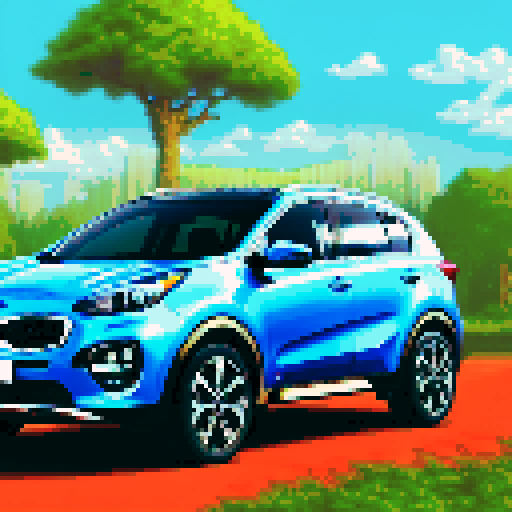 Photorealistic, centered Kia Sportage in a three quarter view, right wheel in front, clean background, pixel art style with sRGB colors