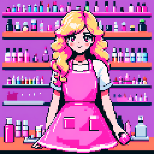 girl with long blonde wavy hair, pink apron, nail polish bottle, nail salon, pixel art, sRGB