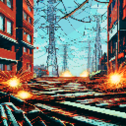 A malfunctioning factory battlefield with a first-person perspective. The metallic floor is covered in debris and loose wires sparking with electricity. Dangling cables emit bright sparks and electrical arcs, creating a chaotic, industrial atmosphere. Subtle steam and smoke rise from broken pipes, while dim industrial lighting and shadows enhance the tension. The scene features a clear foreground for battles, with layered machinery and sparking wires in the background.