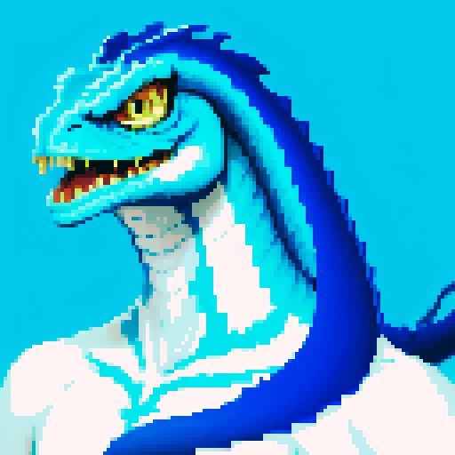 Basilisk with vibrant green scales, sharp serpentine eyes, and pixelated details in the color scheme of light blue and white