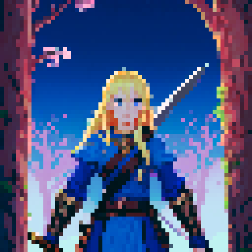 blonde swordswoman, fantasy RPG, dystopian, forest