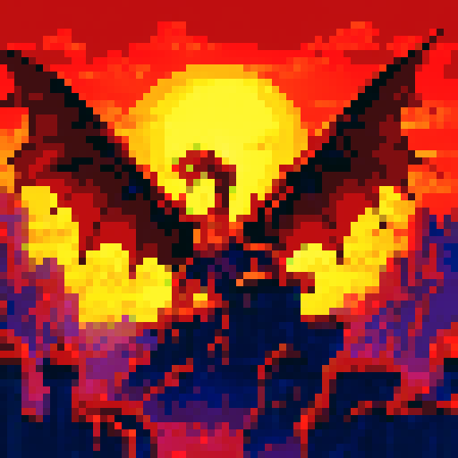 Fiery scaled dragon, wings spread wide, gripping a glowing orb in its claws amidst a vibrant pixelated landscape