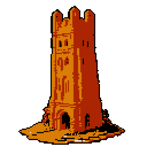 2d Red clay tower in an ancient english style. Old and crumbling but still upright. Usable as an asset (clear, thick lines and a white background). Put a black stroke around the composition
