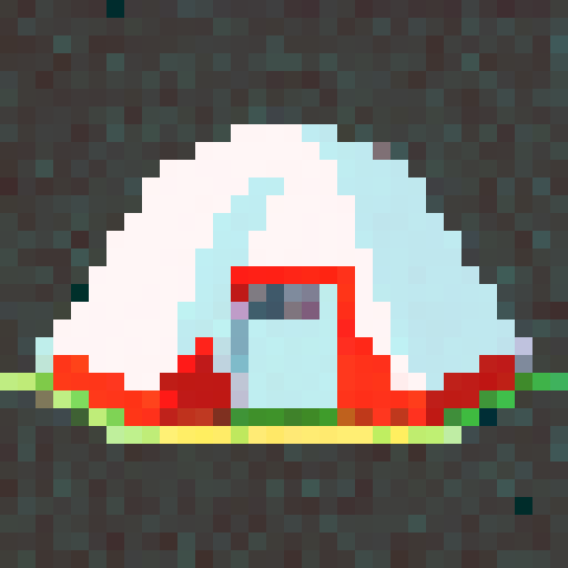 pixelated, white tent with retro 8-bit graphics
