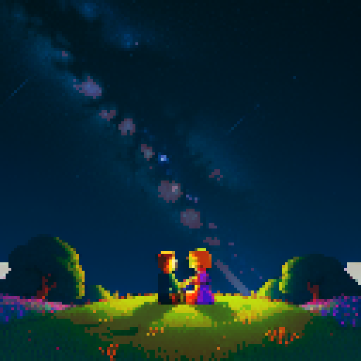 A serene, pixel-art cover image in Stardew Valley-inspired anime style. The main character sits on a grassy hill at night, silhouetted against a vast, star-filled sky. Beside him, the ghostly figure of his sister kneels, wrapping her arms around him in a comforting embrace. Both are gazing at a glowing, incomplete constellation of seven stars that dominates the sky, shimmering with mystical light. The hill is simple, dotted with faint wildflowers, while the stars and the cele