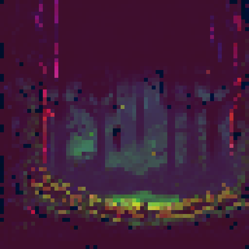 Abandoned, decaying indoor playground surrounded by ominous trees and overgrown vines, with rusted, toys scattered throughout the eerie landscape in a pixelated horror art style with darkness