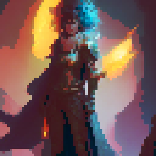 female water genasi half dwarf, red plate armor, flaming longsword, large stone tower shield with runes, low polygon style, simple colors