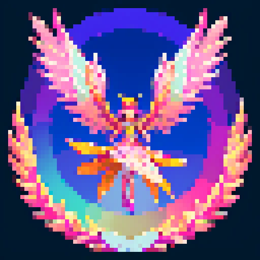 Terraria wings, vibrant colors, intricate details, pixelated feathers, shimmering textures, from pale pink to light gold, dynamic angles, floating in mid-air, pixel art, sRGB palette