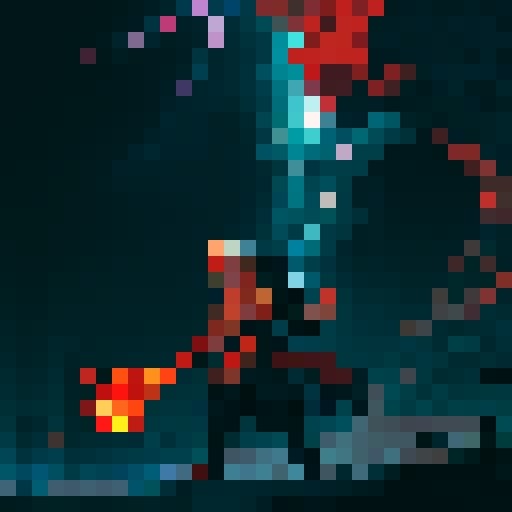 orc spellcaster enemy, with glowing red eyes, holding a staff with pulsating magical runes, casting a thunderstorm spell, surrounded by crackling electricity, against a dark and stormy background, in a stylized pixel art style