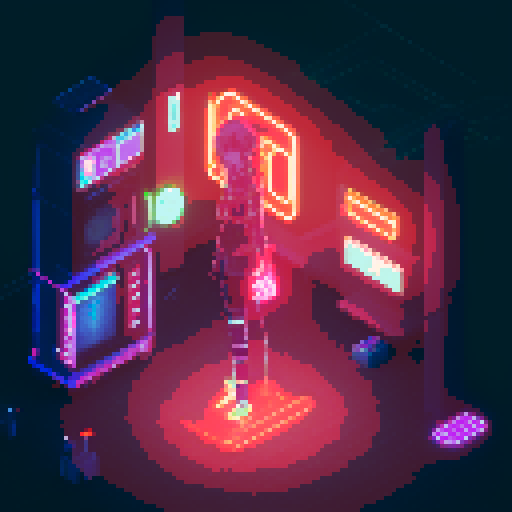 cyberpunk anime girl, fluorescent tattoos, glowing staff, neon-lit night market, bustling crowds, pixel art