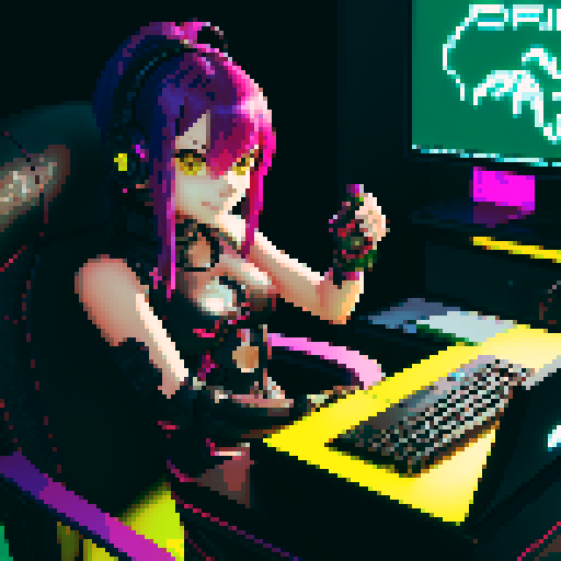 cute cyberpunk scorpion with human head, human head is from anime inspired character with vibrant hair, expressive eyes, and a playful smile, scorpion is playing computer games, tables with potato chips and coca cola, scorpion's tail should be fully in the picture