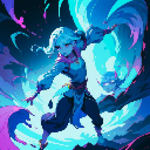 full-body art of a girl with four arms and blue skin, facing to the right, ready to fight, swirling magic around her, floating, four eyes