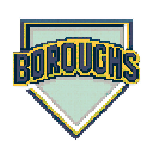 Pixel art of a fictional baseball team called the Boroughs. It is a reference to NY. Just showcase the text over a home plate. Light gray, dark blue and dark yellow, sharp outlines, and soft pixel shading. The logo design mimics 80s MLB logos. Use a vibrant Sega Genesis 16-bit style with selective dithering, geometric forms, and nostalgic retro charm. Avoid modern gradients—keep it pure pixel art.
