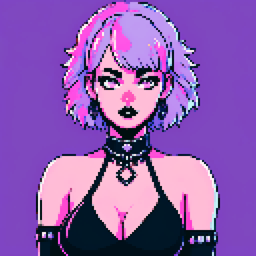 curvy, busty goth babe with studded collar. Portrait of head, Nude big titty goth, in a close up nude glamour shot. Neon lighting, modern tile backsplash.