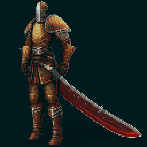 pixel art picture of a human male knight with a two-hand sword, vibrant colors, detailed shading, and smooth lines, heavy armor, confident stance, muscular build, armored helmet, deep red and gold armor, detailed sword, detailed shading, smooth lines