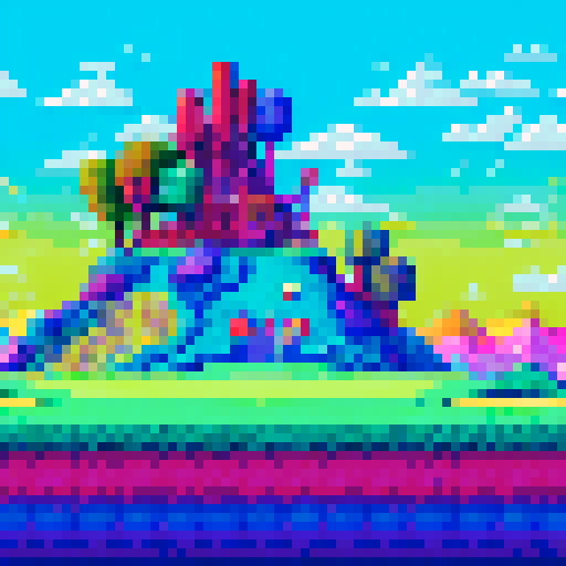 Hallucinogenic golf course, vibrant colors, surreal fairways, swirling patterns, neon trees, psychedelic bunkers, pixelated clouds, whimsical water hazards, glitched-out scoreboards, retro arcade aesthetics, 8-bit background, dreamlike landscape