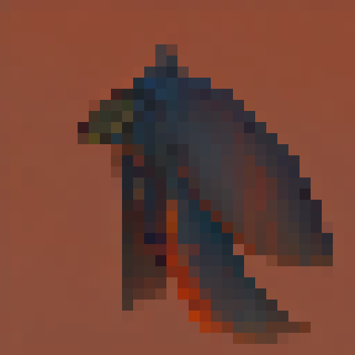 Fiery, winged serpent with shimmering scales, razor-sharp teeth, and glowing eyes, looming over a pixelated, medieval village in a fantasy RPG game.