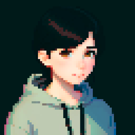 portrait, sprite art, young woman, dark eyes, dark hair, shy girl, awkward, cute, soft eyes, autistic, cozy, shy, timid, stardew valley