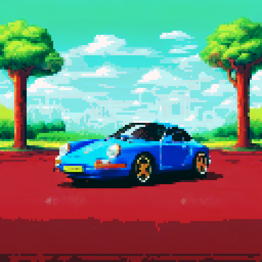 Photorealistic whole Porshe 911, three-quarter view, right front wheel, clean background, sRGB colors, pixel art style
