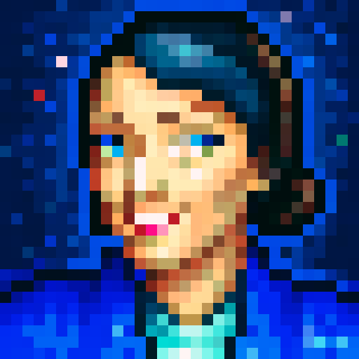 young lady, pixelated, game icon, 32x32 pixels, vibrant colors, sRGB, skill art, close up, portrait, expressive eyes, flowing hair, confident smile, detailed shading, intricate details